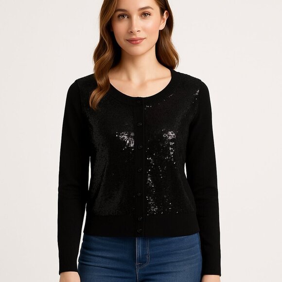 WORTHINGTON Black Sequin Button-Up Sweater | Size L - Picture 7 of 7